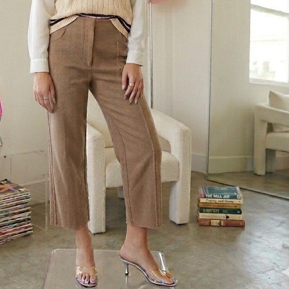 90s Preppy 100% Wool High Waisted Wide Leg Culotte Trouser Pants Taupe M